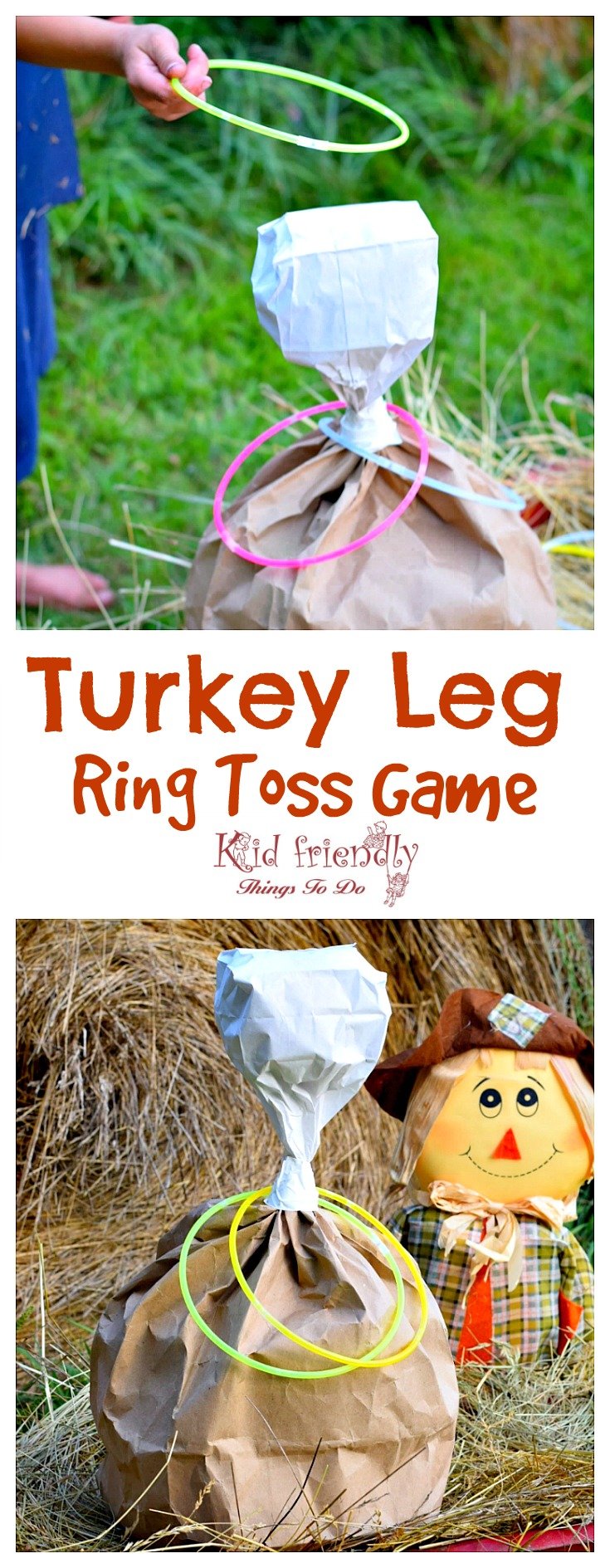 Turkey Leg Ring Toss Thanksgiving Game for Kids and Family - Use glow in the dark necklaces for night time fun! Perfect for preschool and elementary school parties. It's so easy to make and fun for everyone! fall and harvest party idea - www.kidfriendlythingstodo.com