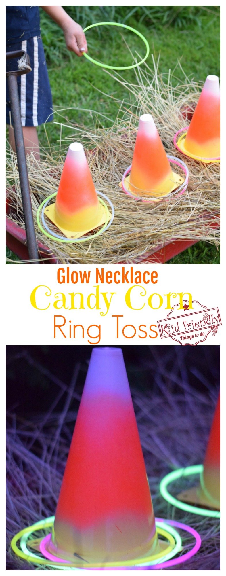 Easy DIY Candy Corn Ring Toss with Glow Necklaces for a Fun Fall, Halloween, or Thanksgiving Game - perfect for kid's school party, teens, harvest parties, or family fun! www.kidfriendlythingstodo.com