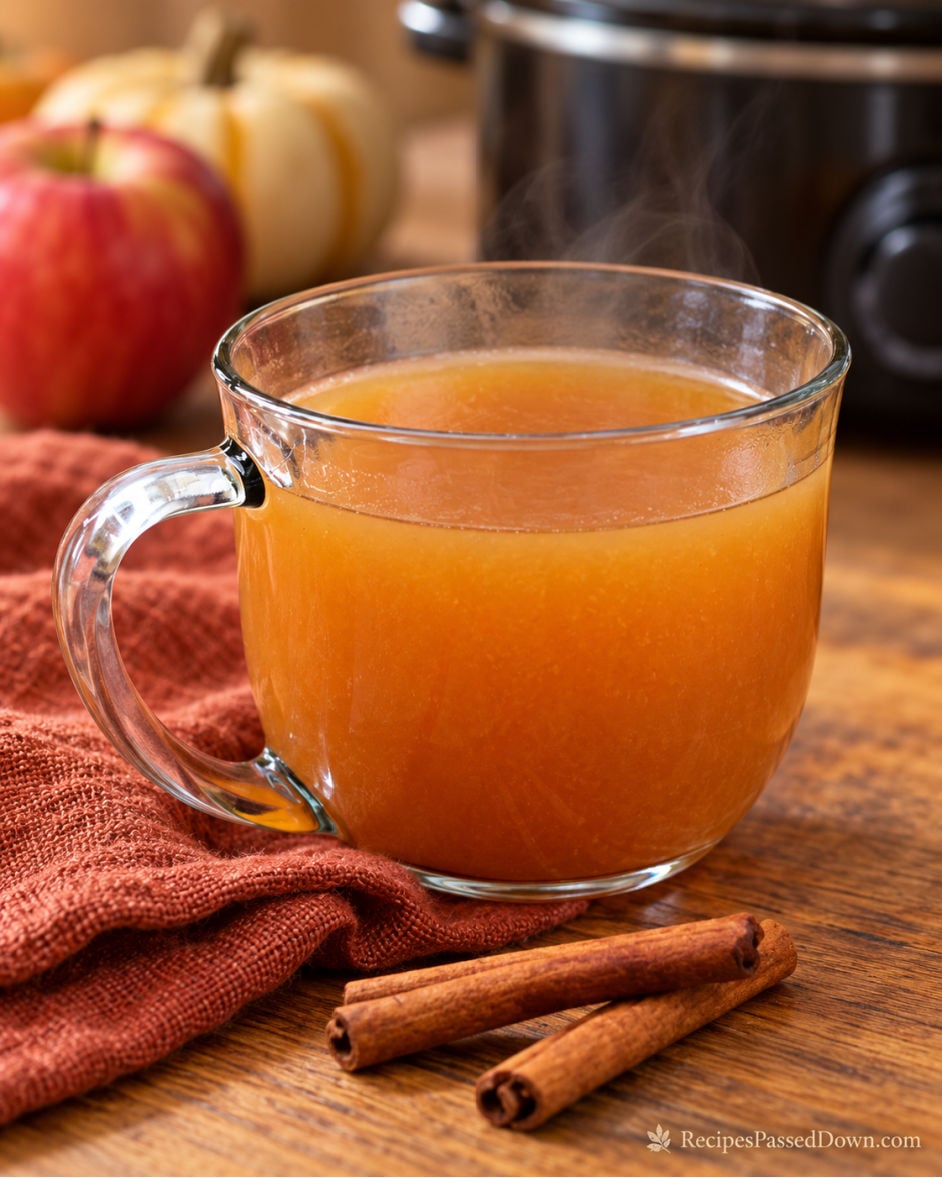 Warm mulled apple cider in a clear glass mug with cinnamon sticks on a wooden table and a slow cooker in the background.