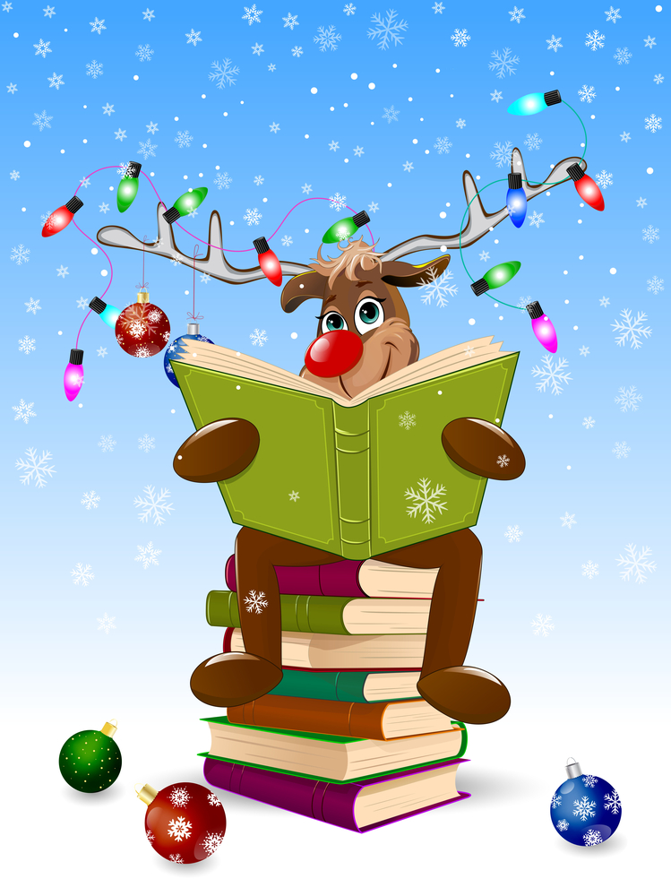 reindeer illustration reading a book