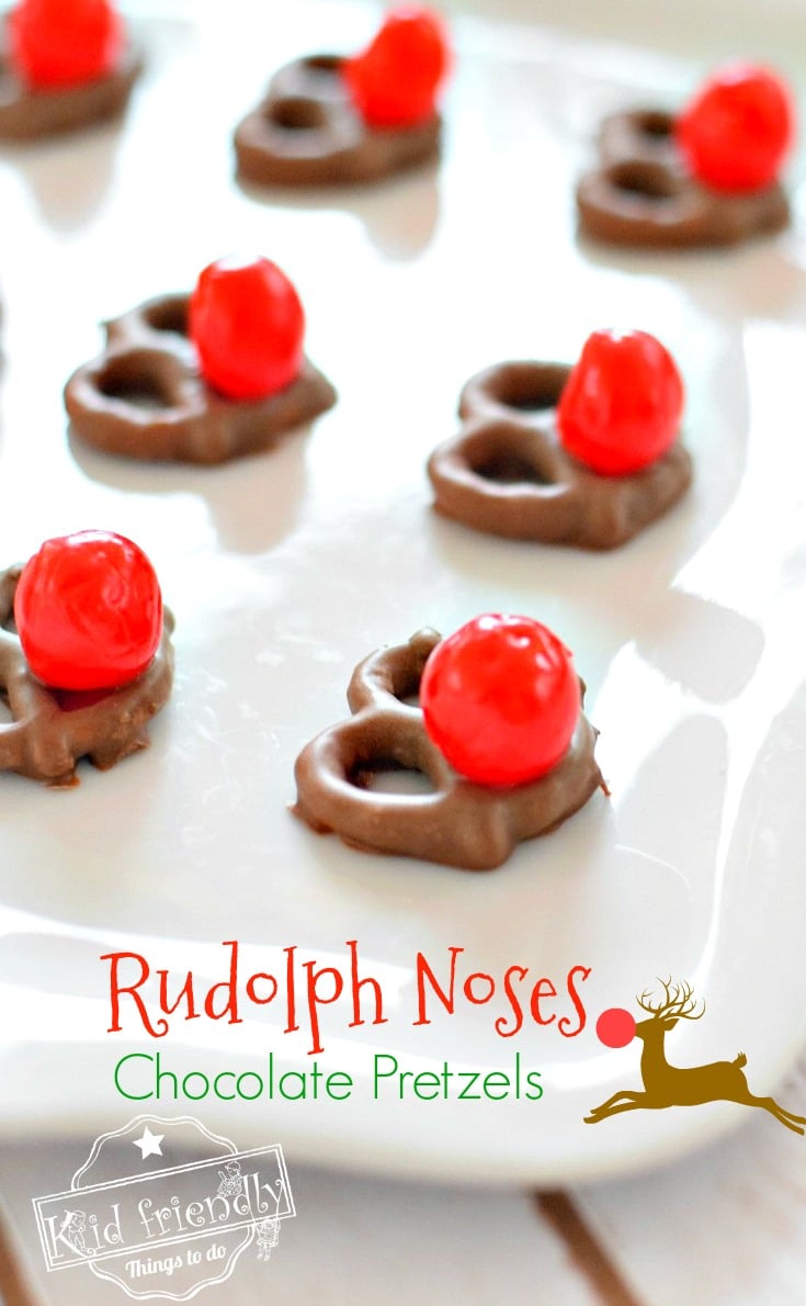 These Chocolate Pretzel Rudolph Noses for a Fun Christmas Food Craft Treat - perfect for holiday parties and kids - www.kidfriendlythingstodo.com