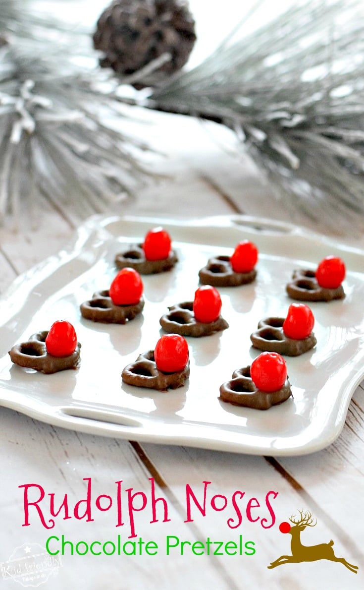 These Chocolate Pretzel Rudolph Noses for a Fun Christmas Food Craft Treat - perfect for holiday parties and kids - www.kidfriendlythingstodo.com