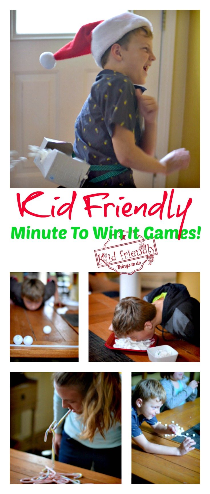 Super Fun Kid Friendly Minute To Win It Games with a Winter and Christmas Theme! Easy enough for kids but challenging enough for adults! Perfect for parties at school or just for family fun. www.kidfriendlythingstodo.com