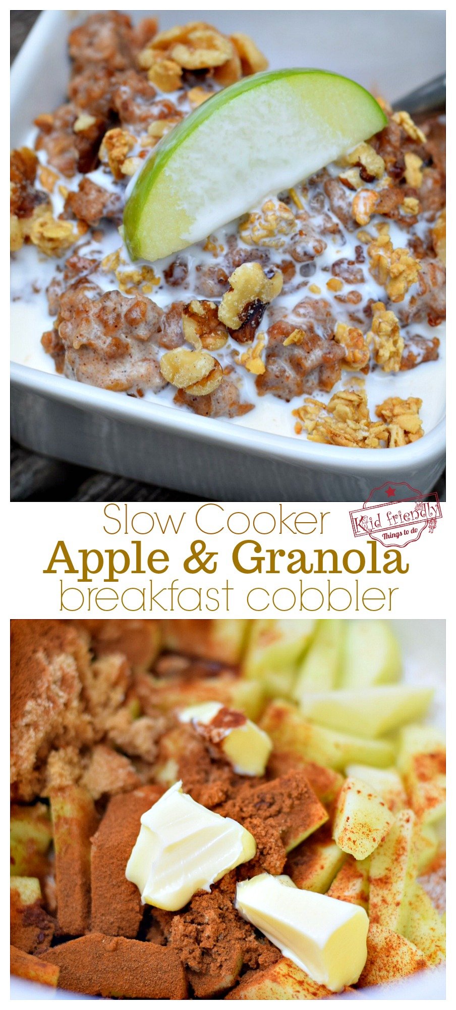 Slow Cooker Apple and Granola Breakfast Cobbler Recipe - Amazing overnight delicious and easy recipe that's healthy too! www.kidfriendlythingstodo.com