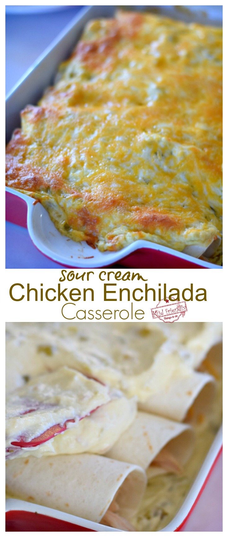 Easy Sour Cream Chicken Enchilada Casserole Recipe - Just Like Mom Used To Make - Delicious, classic casserole the whole family will love . Leftovers are even better! www.kidfriendlythingstodo.com