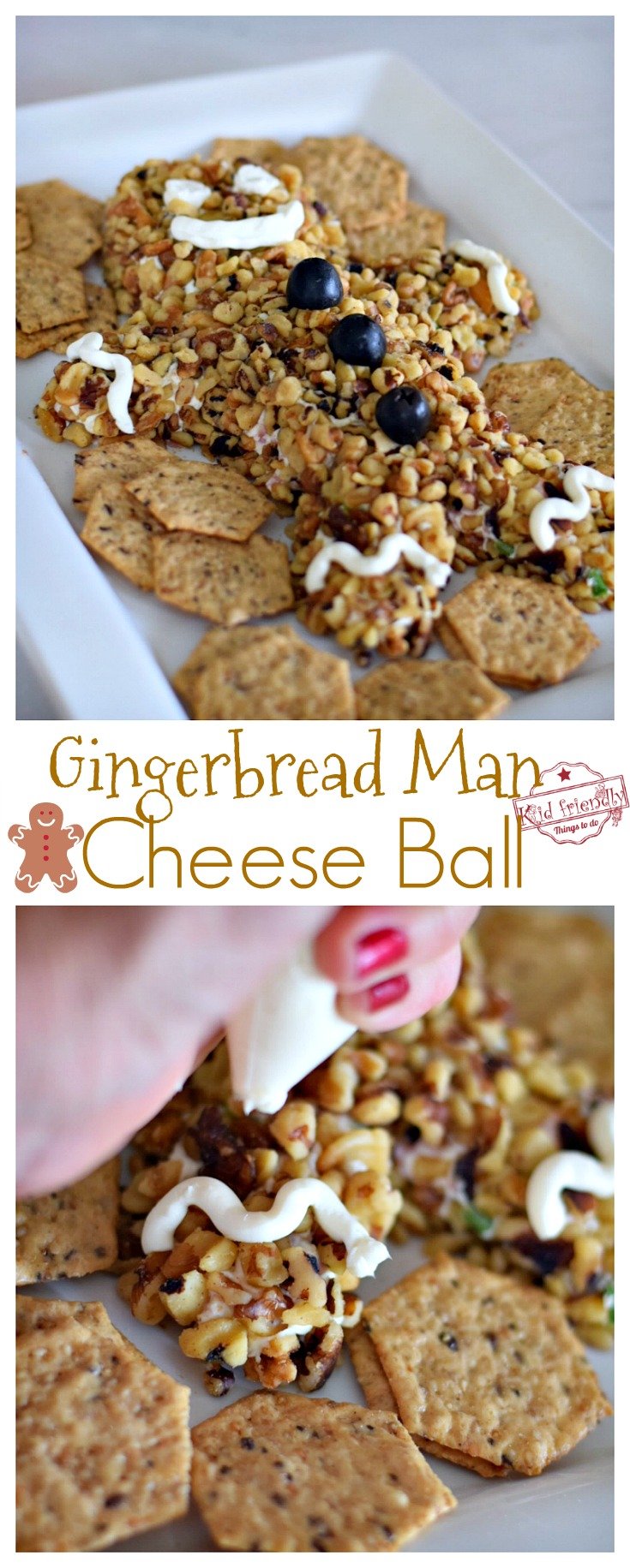 Fun and Easy Gingerbread Christmas Cheese Ball Recipe and Tutorial - Simple to make. Perfect holiday cheese ball with green onions and ham for your holiday parties! www.kidfriendlythingstodo.com 