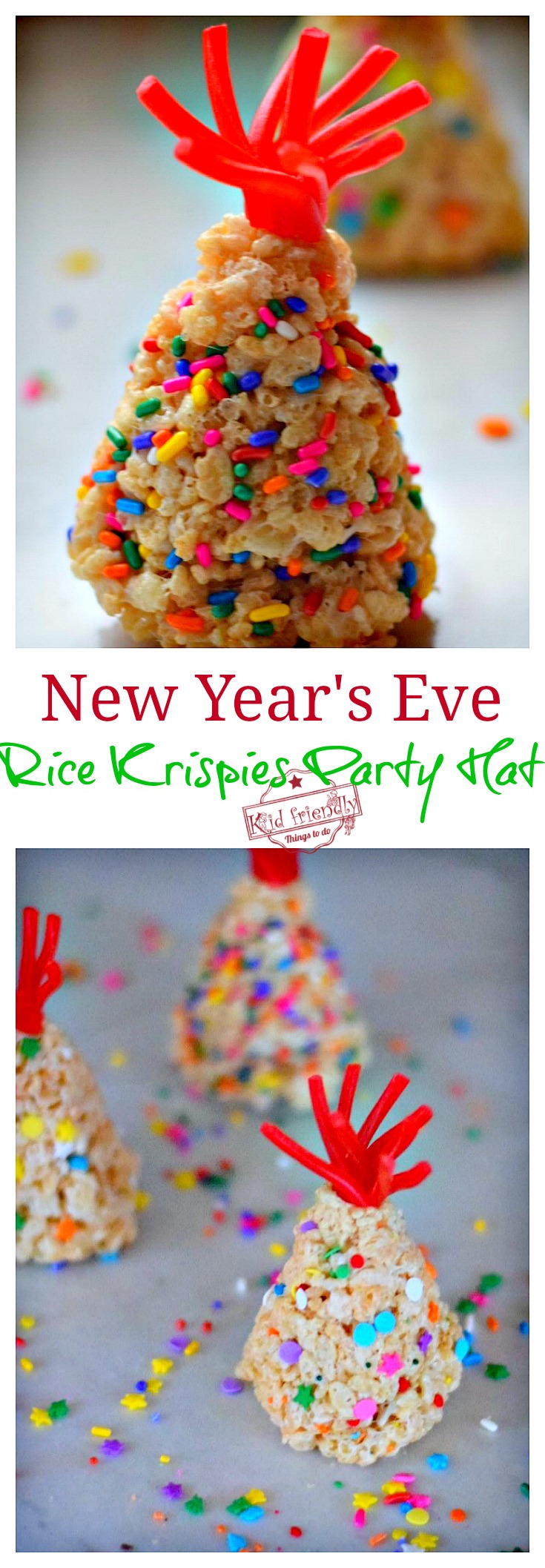 New Year's Eve Rice Krispies Treat Party Hats for a Fun Kid Friendly Treat - Ring in the New Year with these yummy treats - www.kidfriendlythingstodo.com