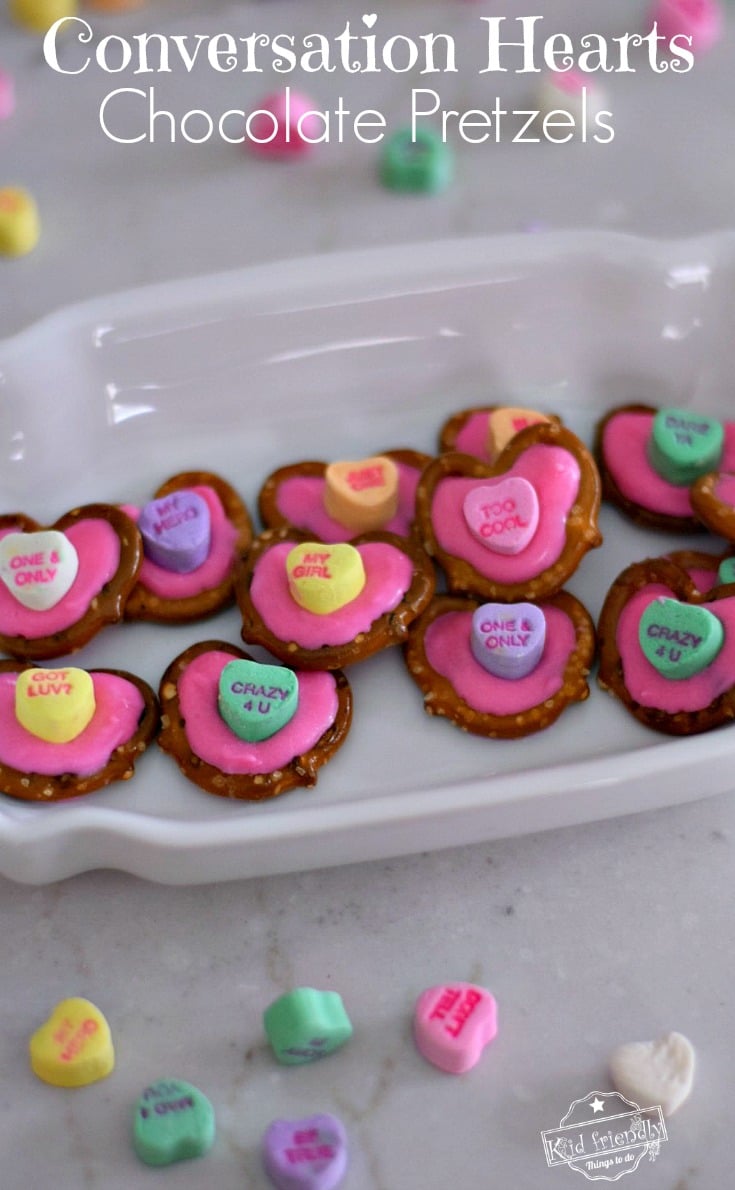 Conversation Hearts Chocolate Pretzels for a Fun Valentine's Treat - Easy to make and so cute! Perfect for parties, snack or dessert! www.kidfriendlythingstodo.com