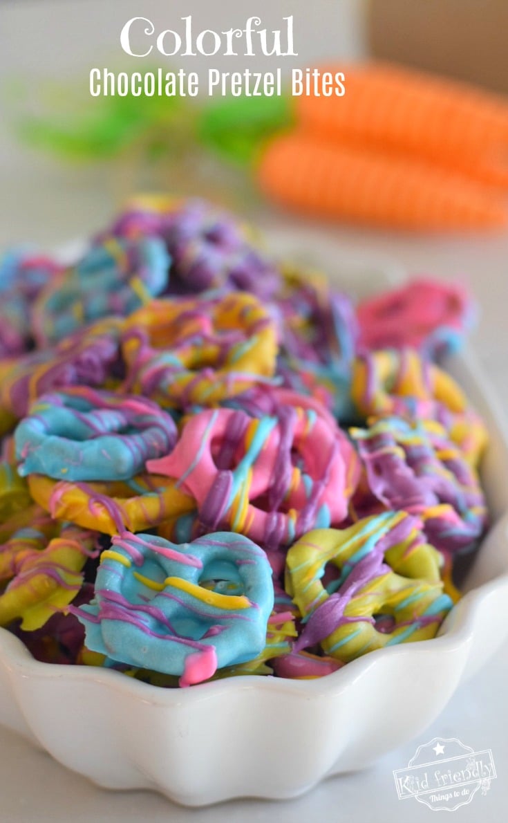 Easy and Colorful Spring Chocolate Covered Pretzel Bite Treats - The perfect salty sweet & yummy treat for Spring, Easter and Mother's Day! White chocolate covered pretzels that are so yummy and fun for the kids to help make and eat - www.kidfriendlythingstodo.com