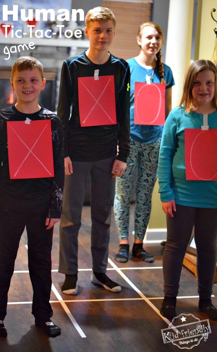Human Tic-Tac-Toe Game - A Fun Game to Play With Kids, Teens and Adults. This is such a fun game. Perfect for holiday parties like Valentine's Day, Christmas and even New Years Eve! www.kidfriendlythingstodo.com