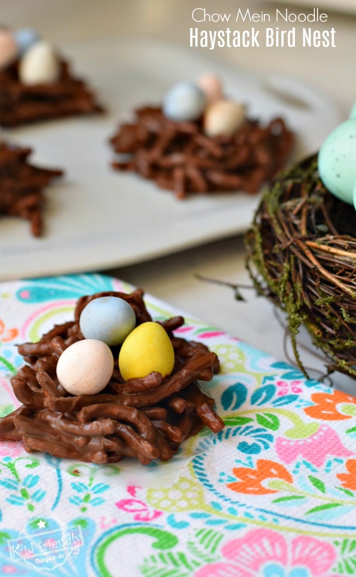 Chocolate and Butterscotch Haystack Cookie Recipe With Chow Mein Noodles Made Into Adorable Bird Nests! These are so easy and so much fun! Perfect treat for Spring, summer or Easter time with the kids! www.kidfriendlythingstodo.com 