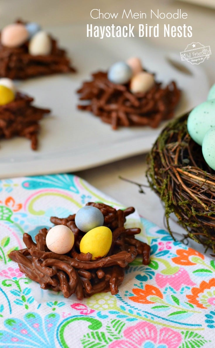 Chocolate and Butterscotch Haystack Cookie Recipe With Chow Mein Noodles Made Into Adorable Bird Nests! These are so easy and so much fun! Perfect treat for Spring, summer or Easter time with the kids! www.kidfriendlythingstodo.com