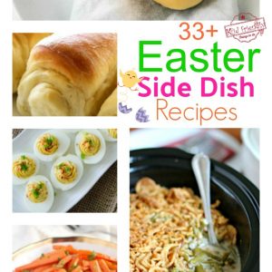 Over 33 Easy Easter Side Dish Recipes that will remind you of those traditional down home sides you grew up with! Vegetables, cold salads, Potatoes, Casseroles, Deviled Eggs and more! www.kidfriendlythingstodo.com