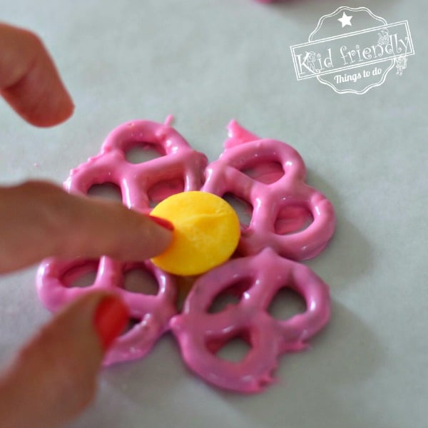 Placing the center of the Chocolate Pretzel Flowers