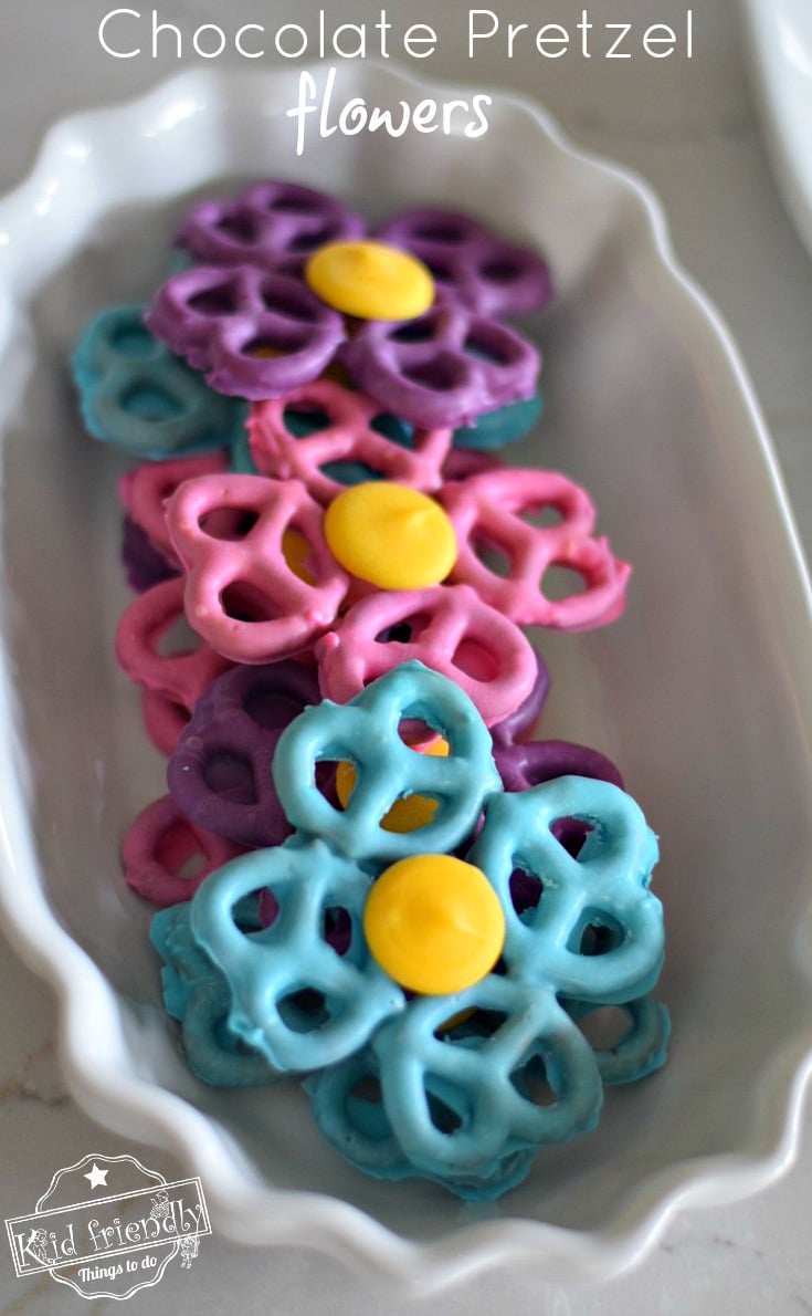 Colorful Chocolate Covered Pretzel Flowers in a bowl