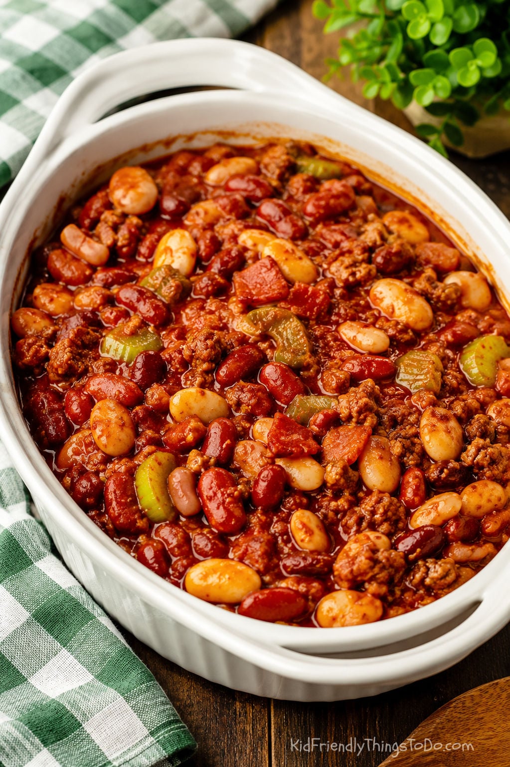 calico beans in a baking pan