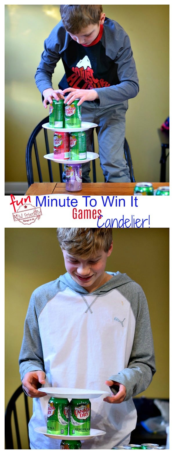 Kids playing Candelier a Minute to Win it Party Game 