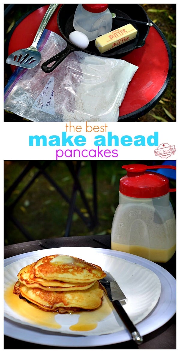 Homemade Shake and Pour Pancake Mix with pancakes cooked over fire