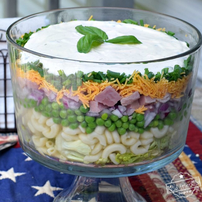 Basil Layered Salad Recipe in a Trifle Bowl