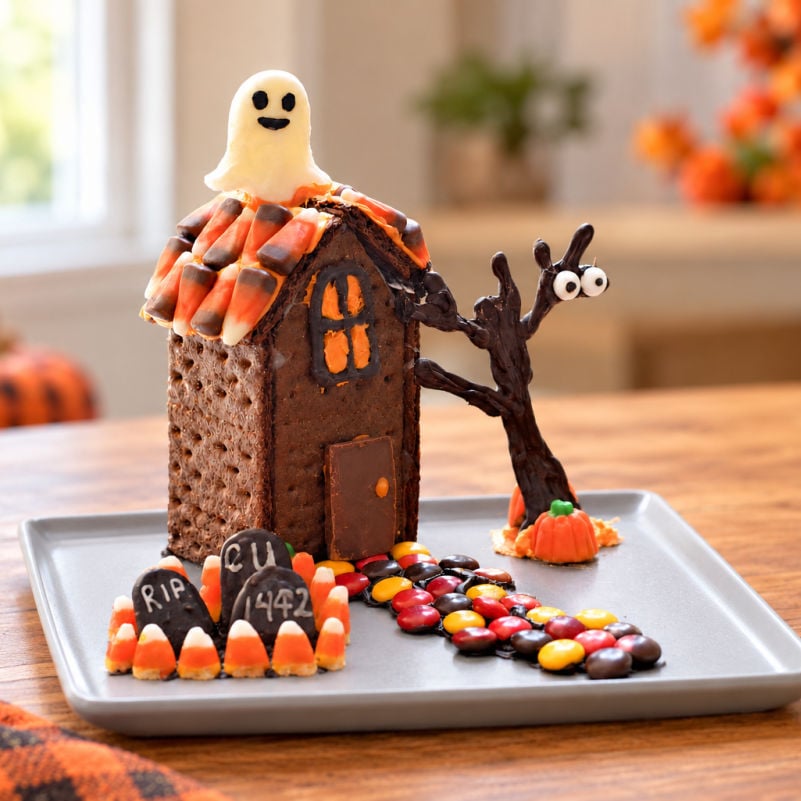 Halloween haunted graham cracker gingerbread candy house