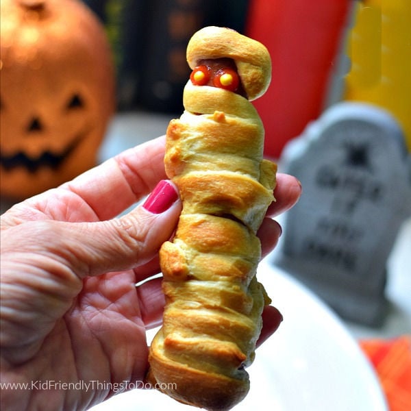 Mummy Hot Dogs Halloween Idea {Made with Crescent Rolls}