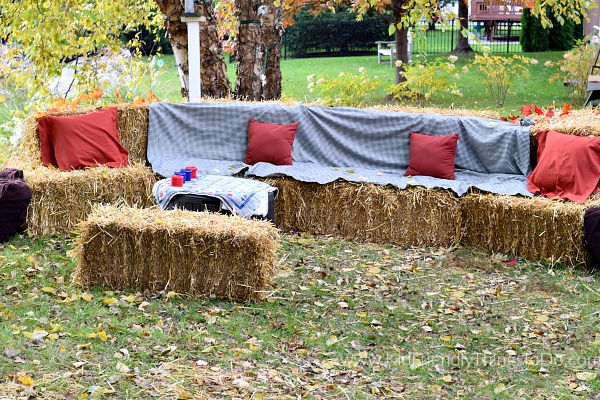 hay bale sofa for fall party