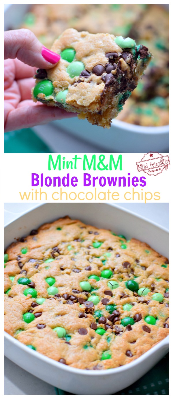 Mint M&M Blonde Brownies with Chocolate Chips