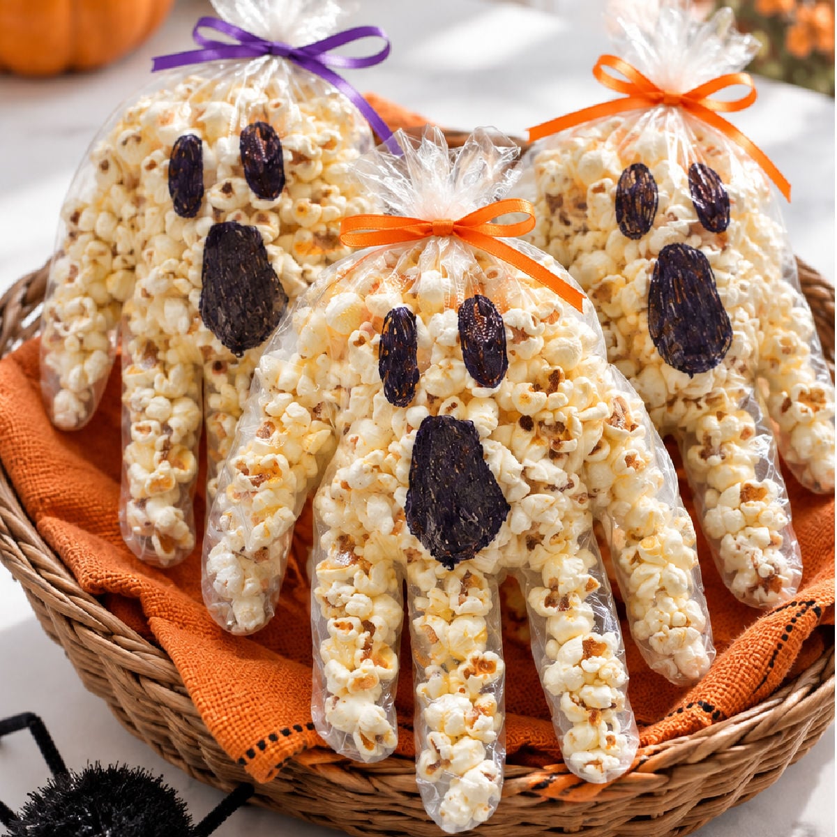 Popcorn-filled glove ghosts with black faces and orange and purple ribbon bows displayed in a woven basket beside a fuzzy black spider.