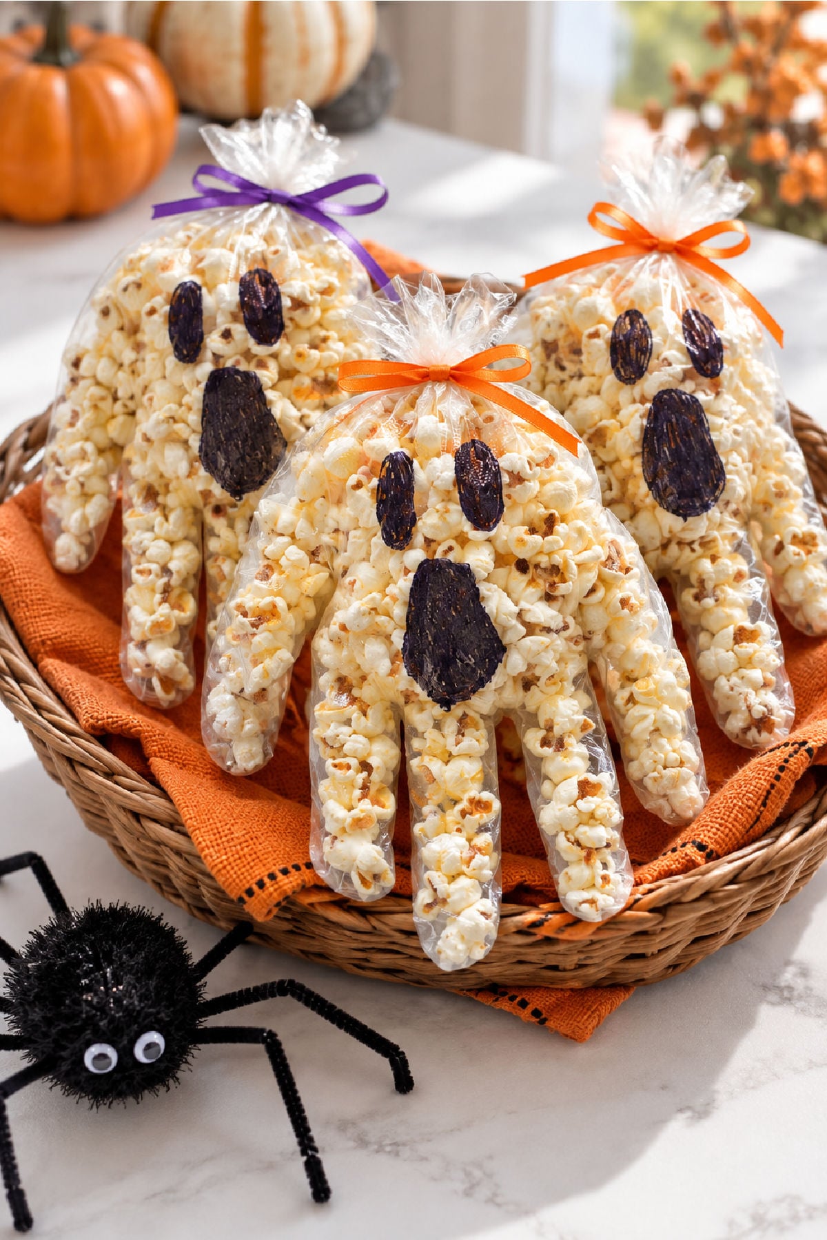 Popcorn-filled glove ghosts with black faces and orange and purple ribbon bows displayed in a woven basket beside a fuzzy black spider.