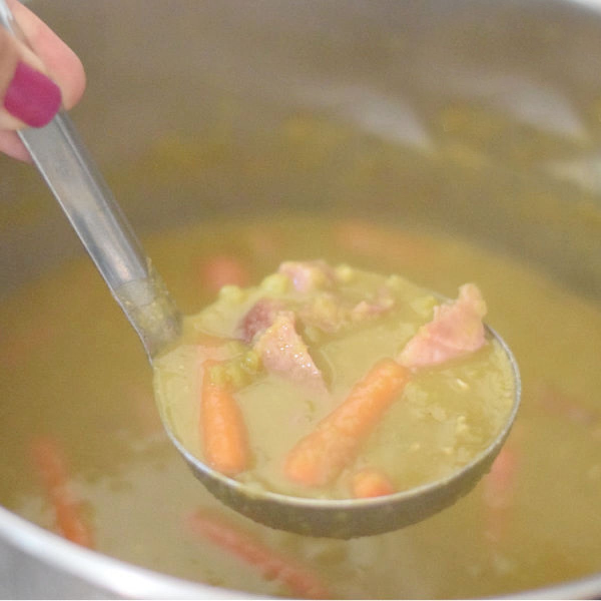 split pea soup on ladle 