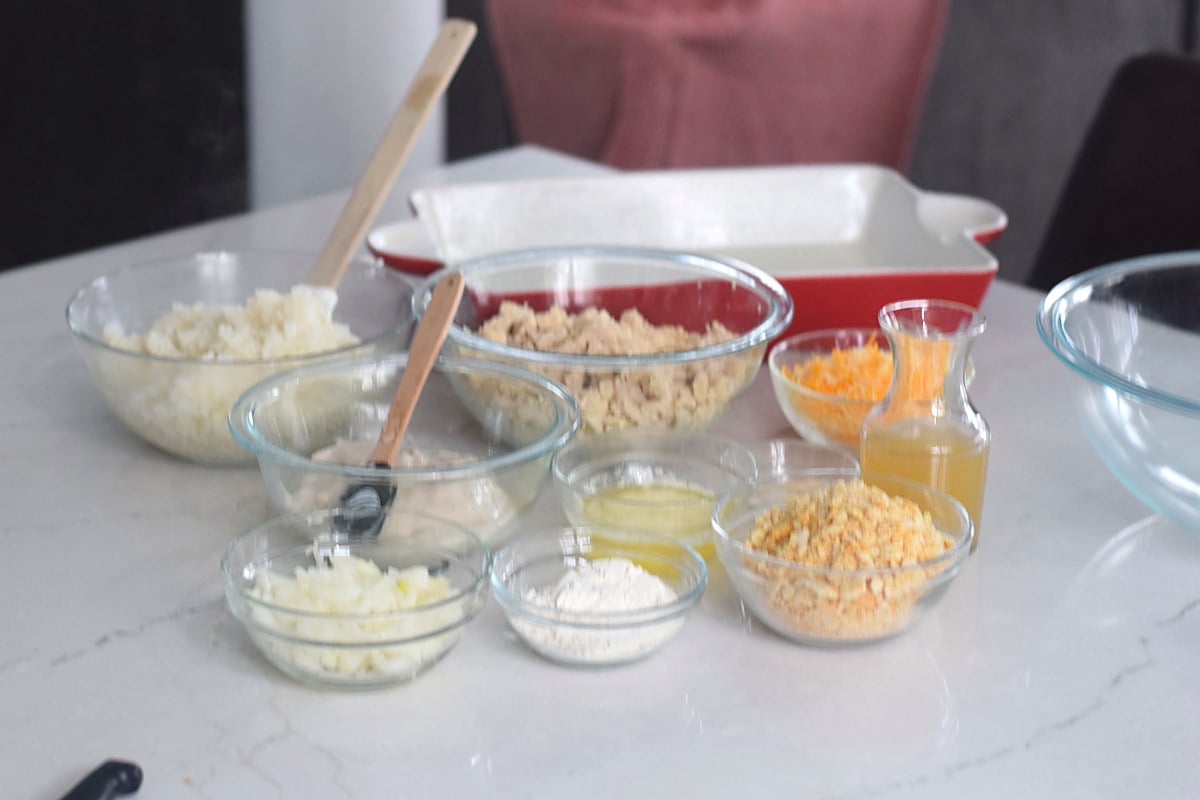 Cooked chicken, white rice, cheddar, Ritz cracker crumbs and other casserole ingredients