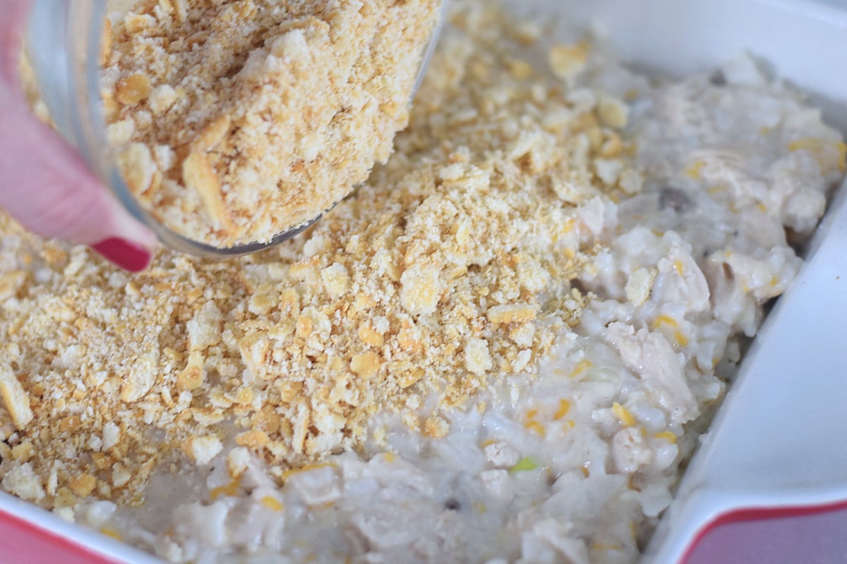 Crushed Ritz crackers sprinkled over chicken and rice casserole before baking