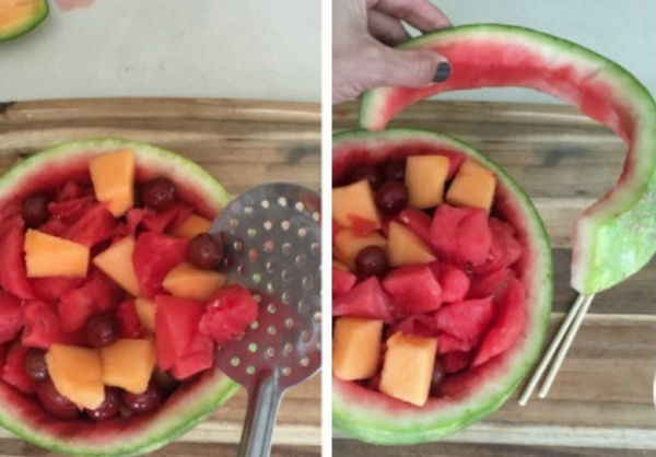 making a shovel and pail watermelon fruit bowl 