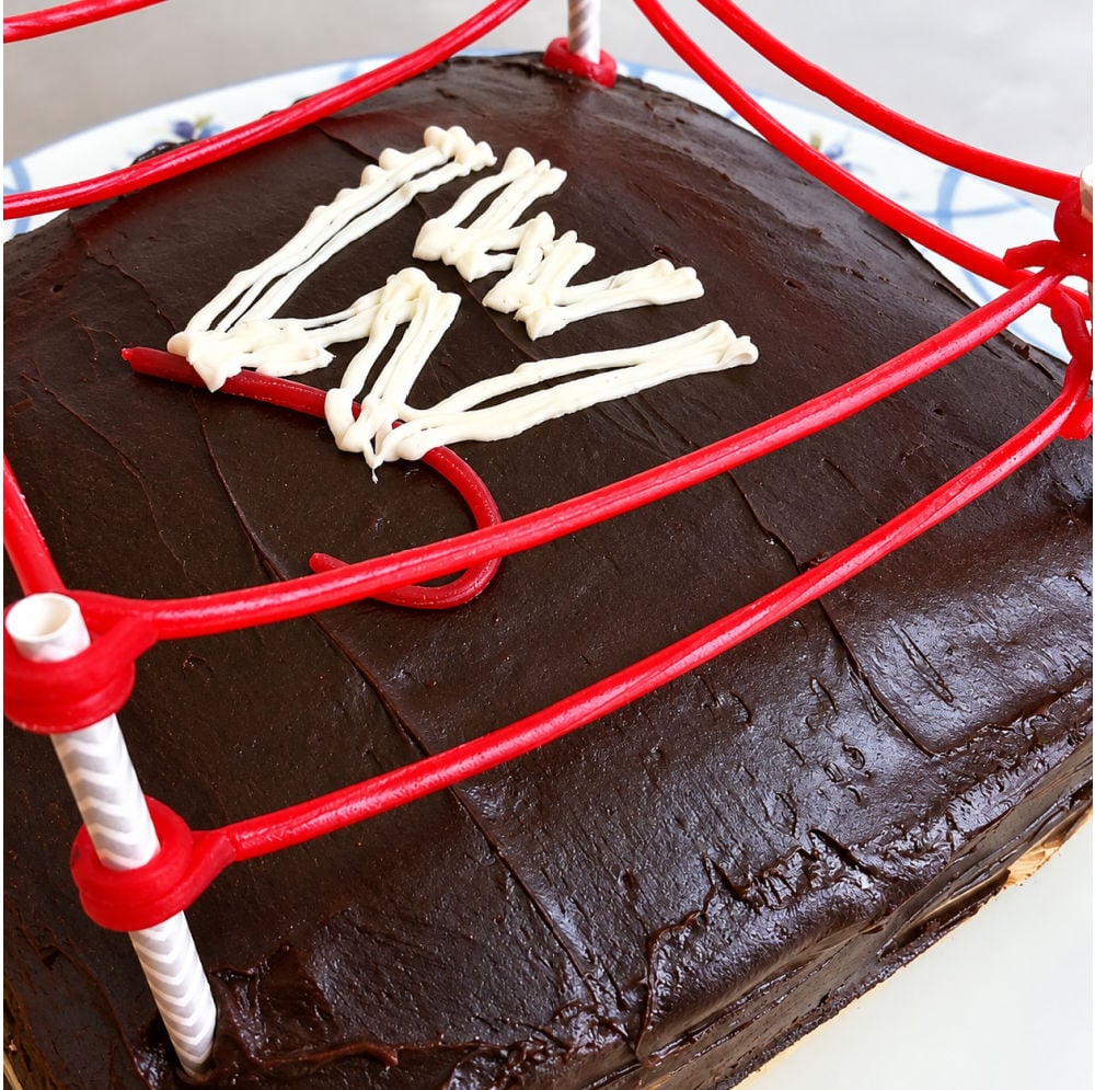 Homemade wrestling birthday cake decorated with chocolate frosting, red licorice ring ropes, and white icing wrestlers.