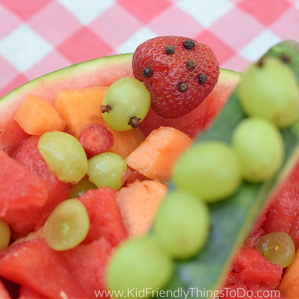 adding a fruit ladybug to watermelon fruit bowl
