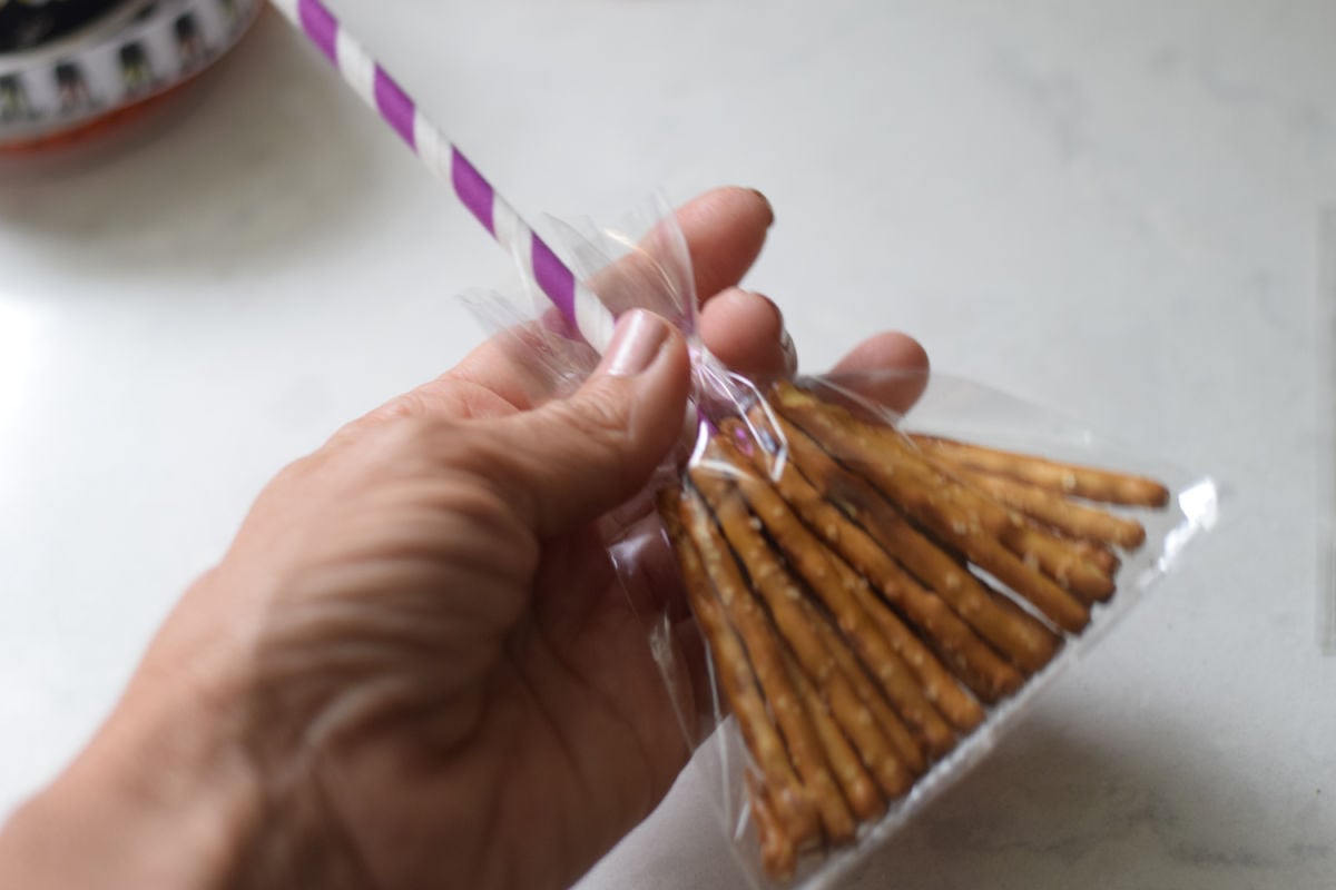 making pretzel witch brooms