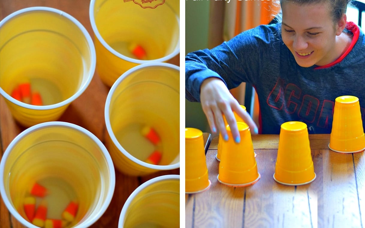Candy Corn Shake Thanksgiving Minute to Win It game with candy corn hidden in cups