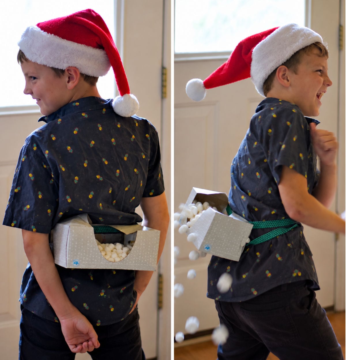 Christmas Minute to Win It Avalanche game with a tissue box filled with marshmallows strapped around a child's waist