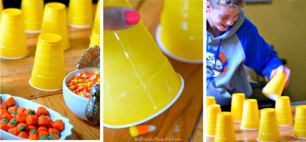 Match Maker Thanksgiving Minute to Win It game with candy hidden under cups