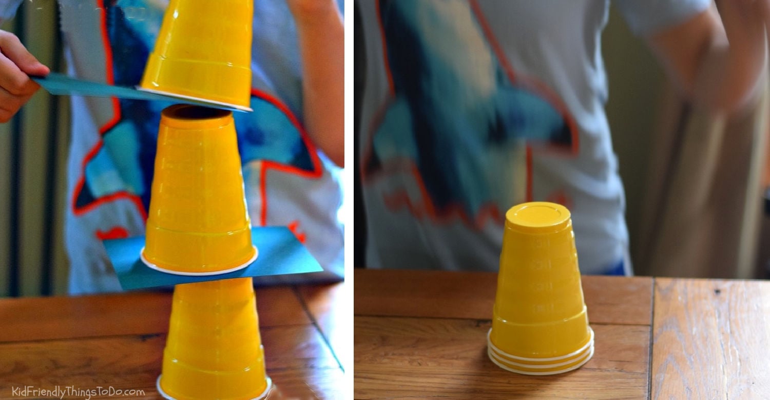 Yank Me Minute to Win It game with cups and cardstock and finished cup stack