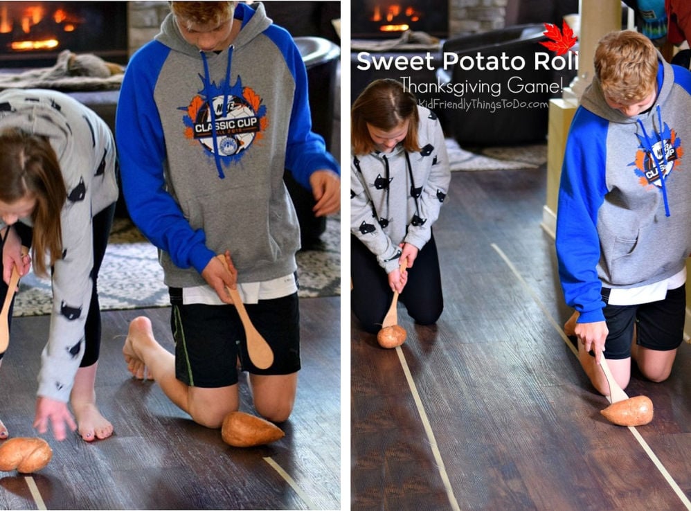sweet potato roll Thanksgiving Minute to Win It Game with kids playing