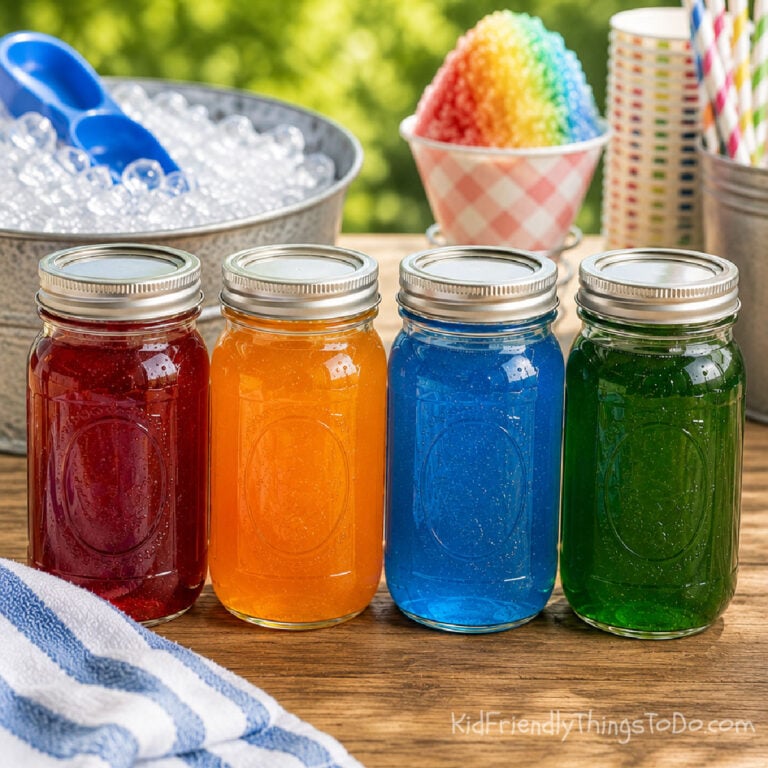 Homemade snow cone syrup in colorful mason jars with a rainbow snow cone in the background