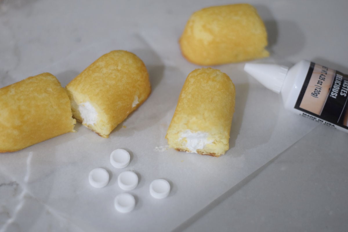Twinkies cut in half for Minion cupcake