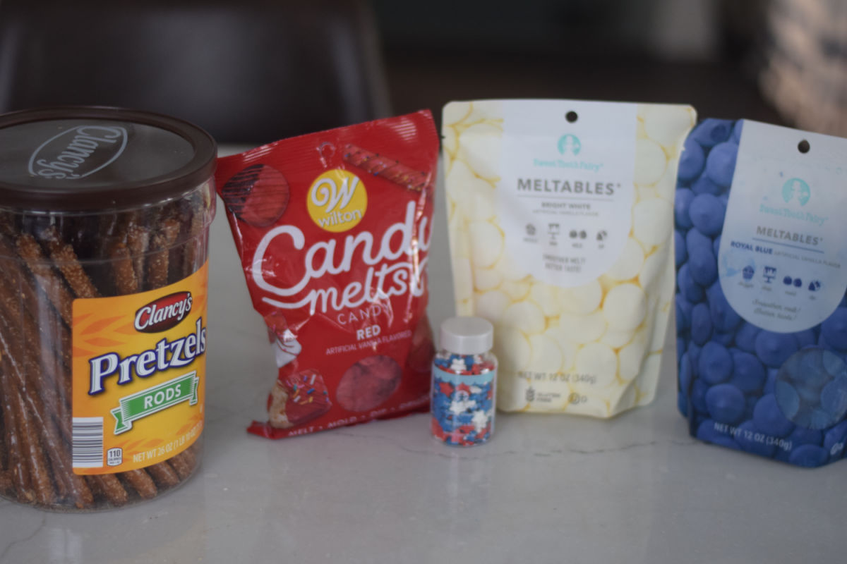 ingredients for patriotic chocolate covered pretzels