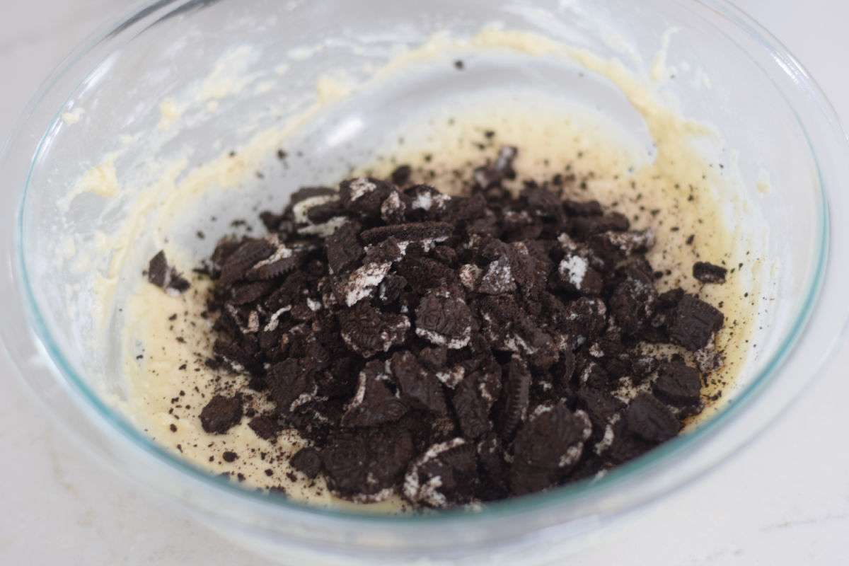 adding Oreo cookies to batter 