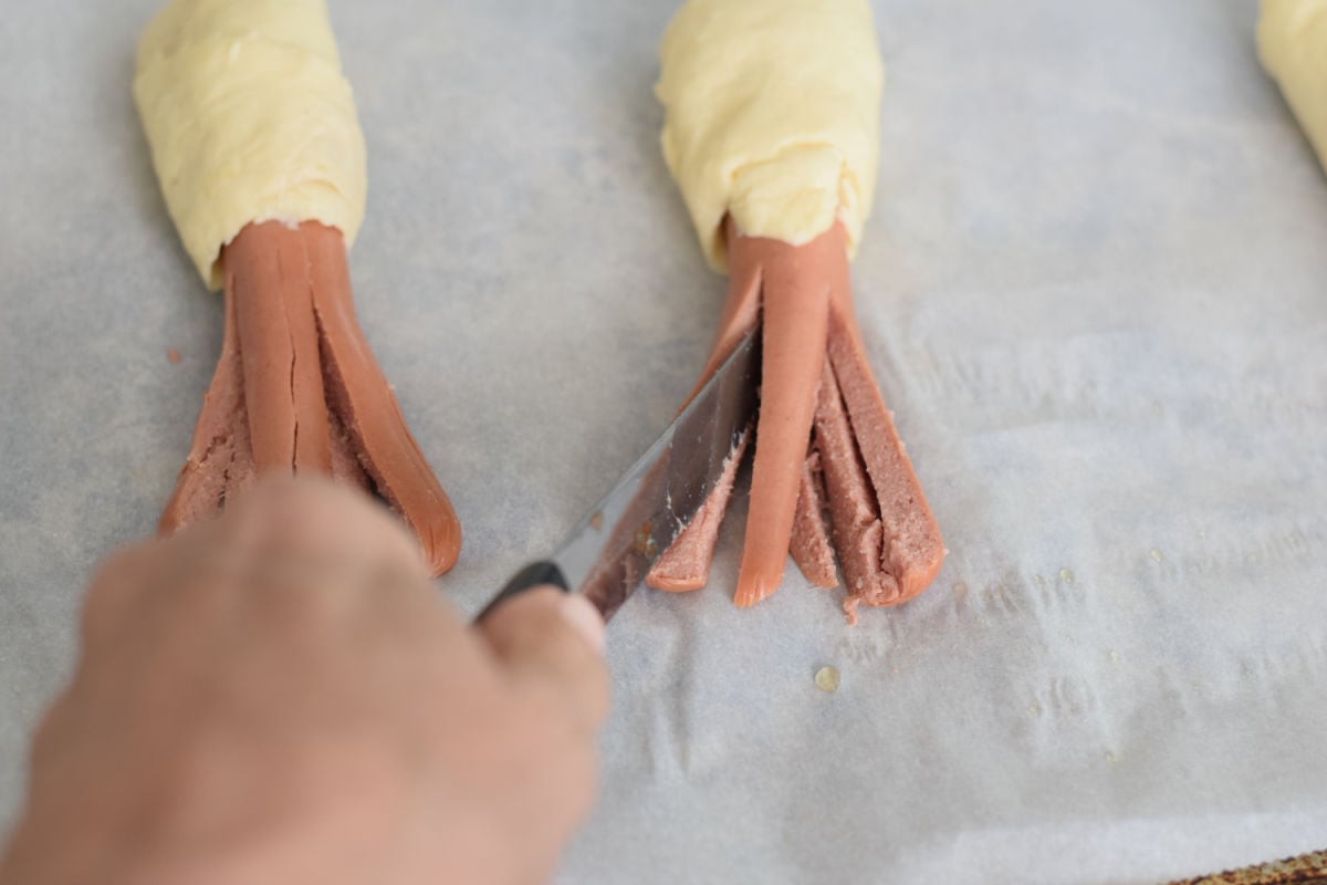 cutting slits in octopus hot dogs