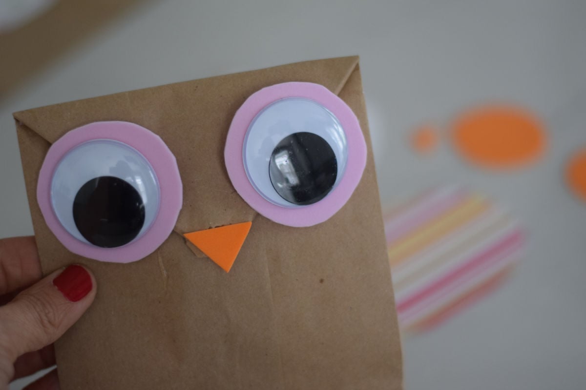 making owl face onto paper bag