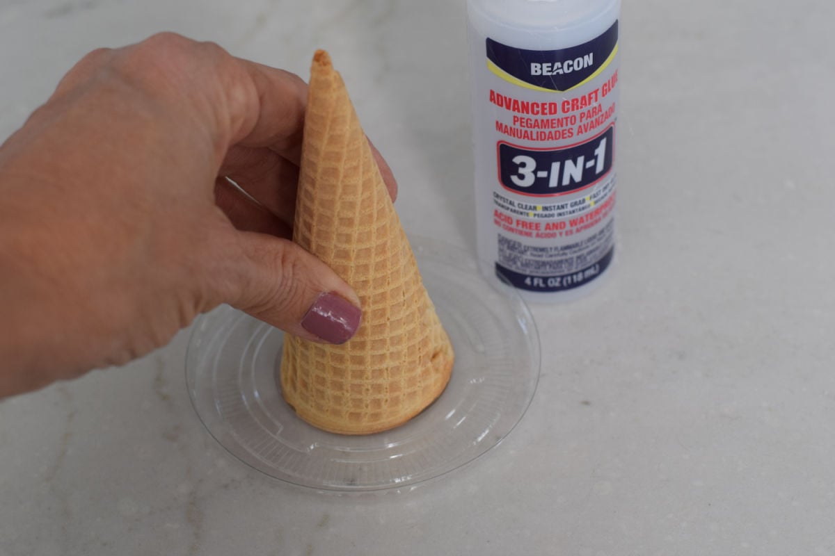 gluing sugar cone to cup lid