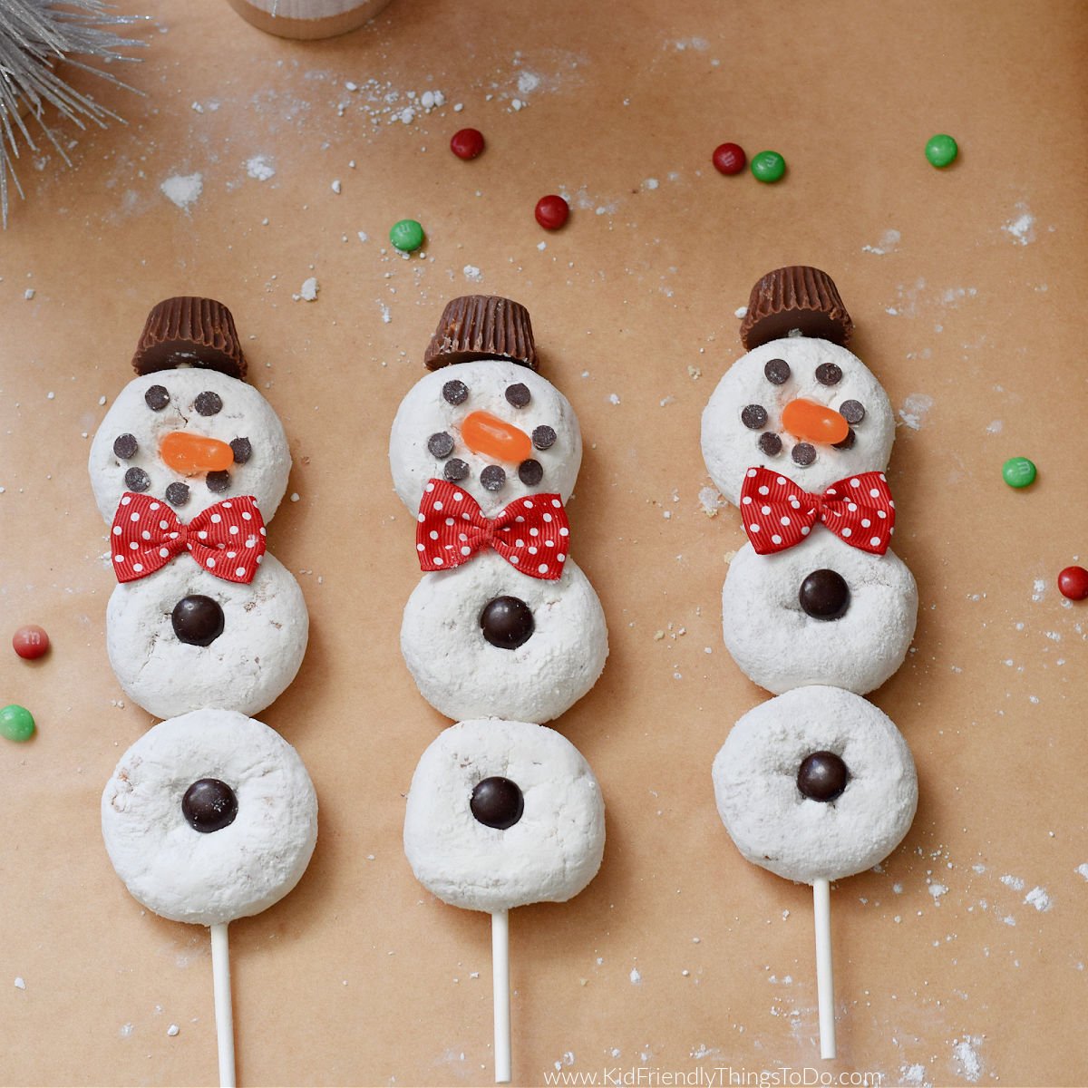 snowman donut skewers