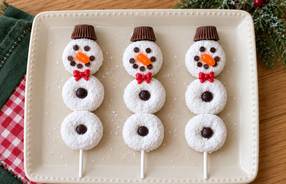 photo showing powdered donut snowman skewers with chocolate chip faces, orange candy noses, red bow ties, and peanut butter cup hats.